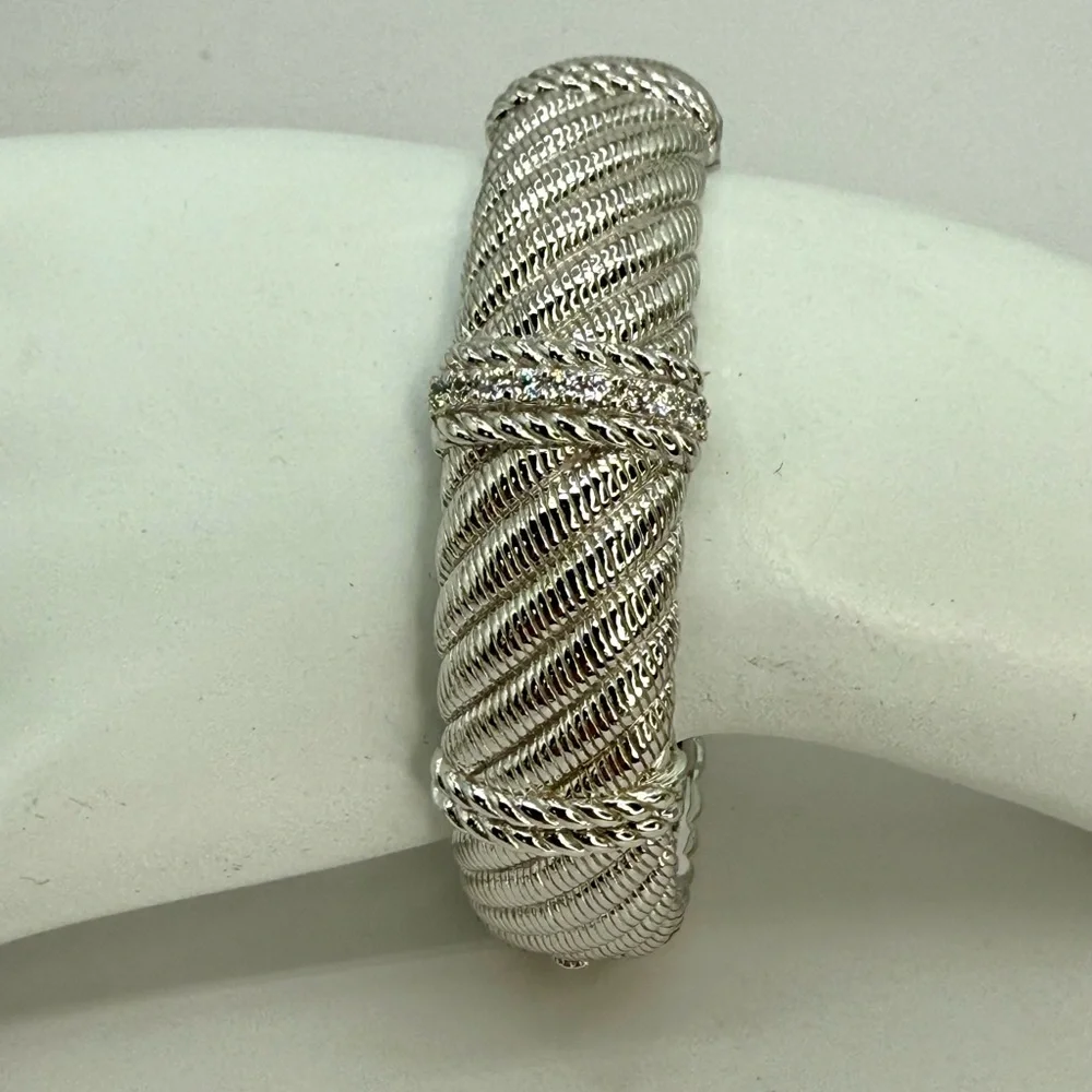 Vintage Judith Ripka Sterling Silver Cuff Bracelet with White Crystals 6.5”